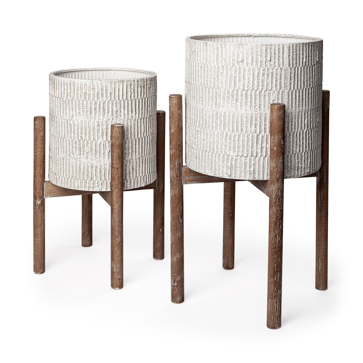 Groot Set of Two 11.8 x 23 Eggshell Ceramic Wooden Base Plant Stands from Mercana - Luna Furniture