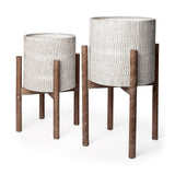 Groot Set of Two 11.8 x 23 Eggshell Ceramic Wooden Base Plant Stands from Mercana - Luna Furniture