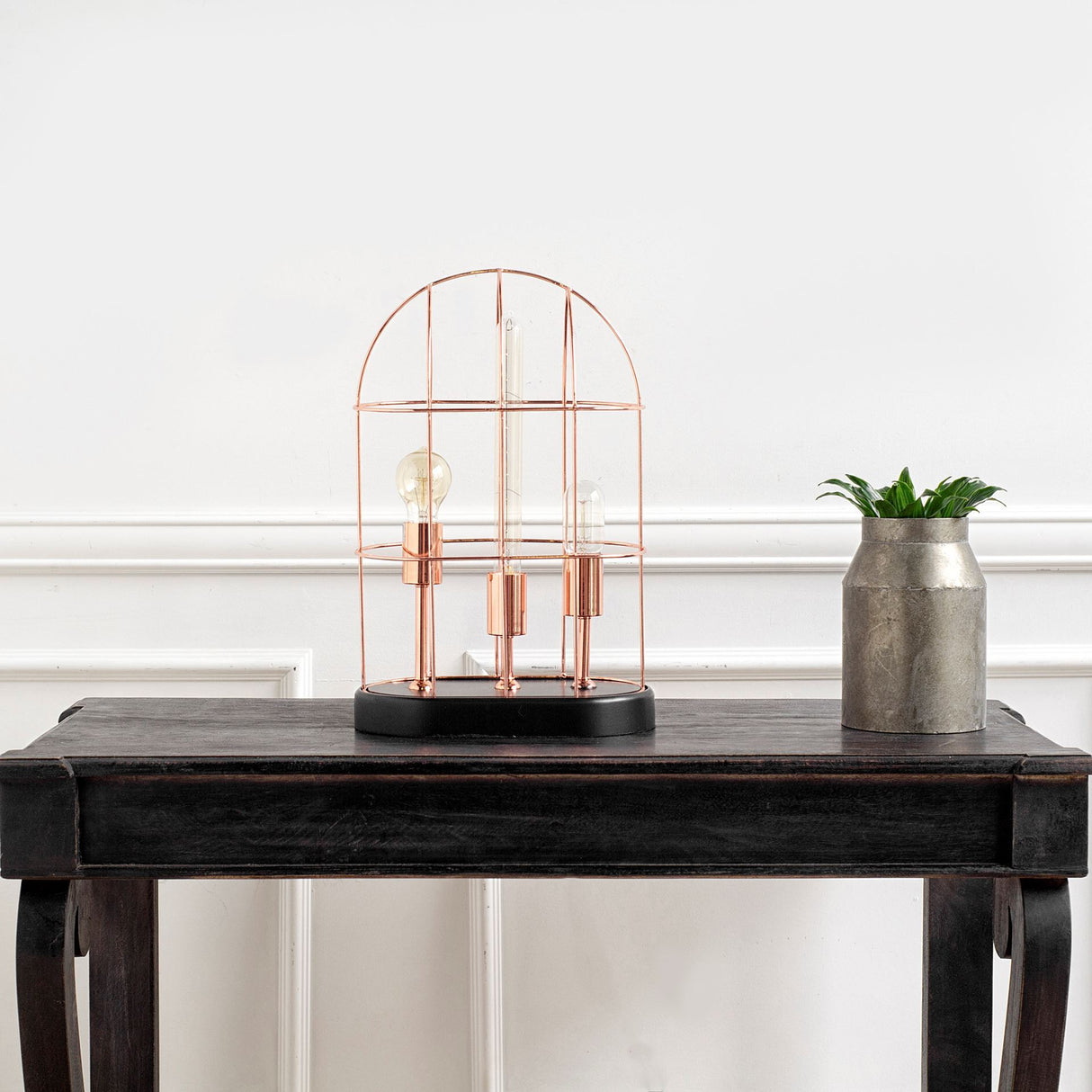 Sutton (19.3"H) Rose-Gold Metal Cylindrical Cage Three Bulb Table Lamp from Mercana - Luna Furniture