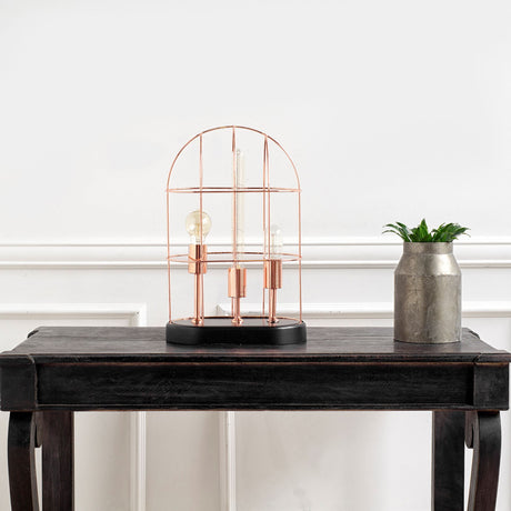 Sutton (19.3"H) Rose-Gold Metal Cylindrical Cage Three Bulb Table Lamp from Mercana - Luna Furniture