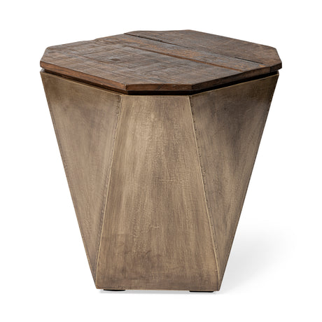 Esagono Octagonal Gold Metal-Clad Reclaimed Wood End/Side Table w/ Storage from Mercana - Luna Furniture