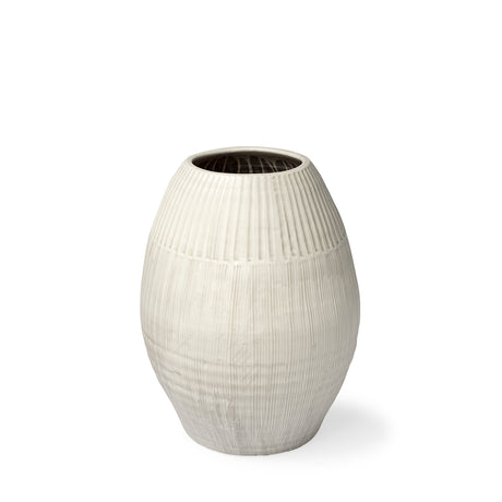 Reyan Small Pearl White Ceramic Striped Vase from Mercana - Luna Furniture