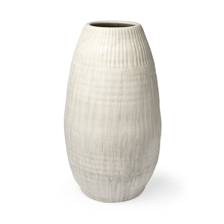 Reyan Large 28.5" Pearl White Ceramic Striped Vase from Mercana - Luna Furniture
