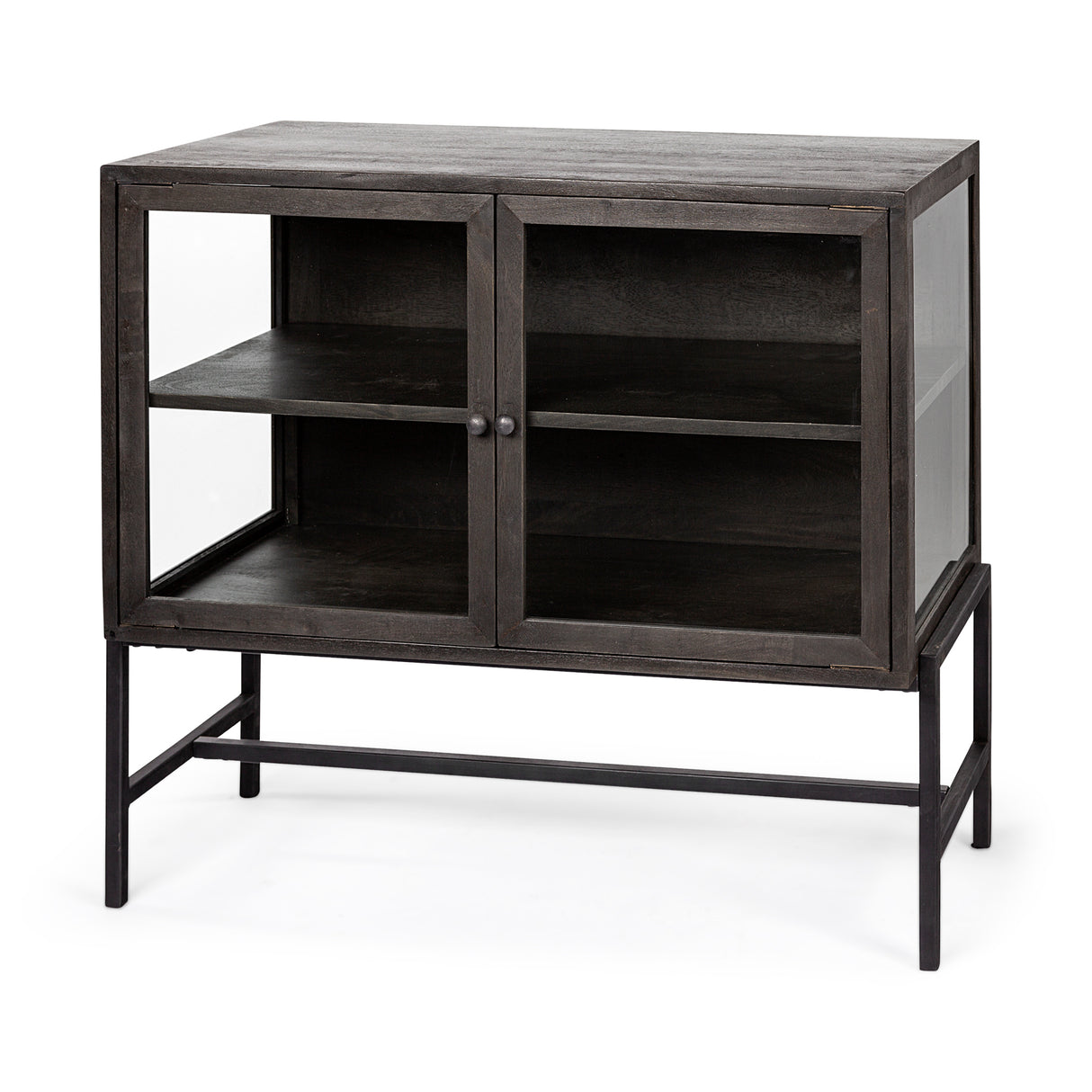 Arelius 36L x 18W Black-Brown Wood, Black Metal Base w/ 2 Glass Doors Accent Cabinet from Mercana - Luna Furniture