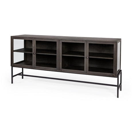 Arelius 70L x 18.75W x 32H Black-Brown Wood, Black Metal Base w/ 4 Glass Cabinet Doors Sideboard from Mercana - Luna Furniture
