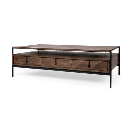 Glenn II 54x30 Dark Brown Wood w/ Black Iron Frame, Rectangle 3 Drawers Coffee Table from Mercana - Luna Furniture
