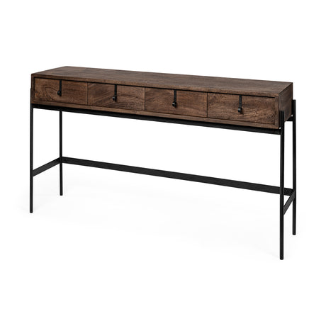 Glenn III 56L x 14W Dark Brown Wood w/ Black Iron Frame, 4 Drawer Console Table from Mercana - Luna Furniture