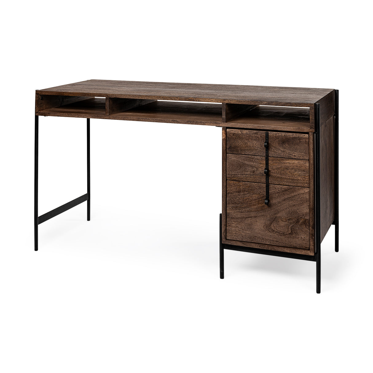 Glenn VII 56L x 22W Dark Brown Wood w/ Black Iron Frame, 3 Drawer Office Desk from Mercana - Luna Furniture