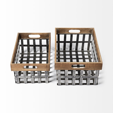 Chartrand Set of 2 Wood And Metal Open Crate Style Baskets from Mercana - Luna Furniture