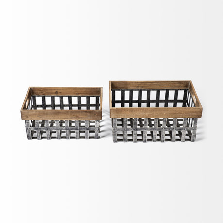 Chartrand Set of 2 Wood And Metal Open Crate Style Baskets from Mercana - Luna Furniture