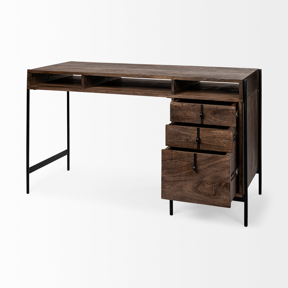 Glenn VII 56L x 22W Dark Brown Wood w/ Black Iron Frame, 3 Drawer Office Desk from Mercana - Luna Furniture