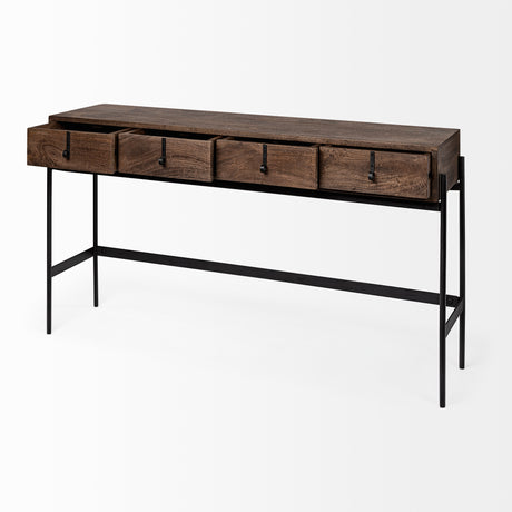 Glenn III 56L x 14W Dark Brown Wood w/ Black Iron Frame, 4 Drawer Console Table from Mercana - Luna Furniture