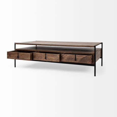 Glenn II 54x30 Dark Brown Wood w/ Black Iron Frame, Rectangle 3 Drawers Coffee Table from Mercana - Luna Furniture