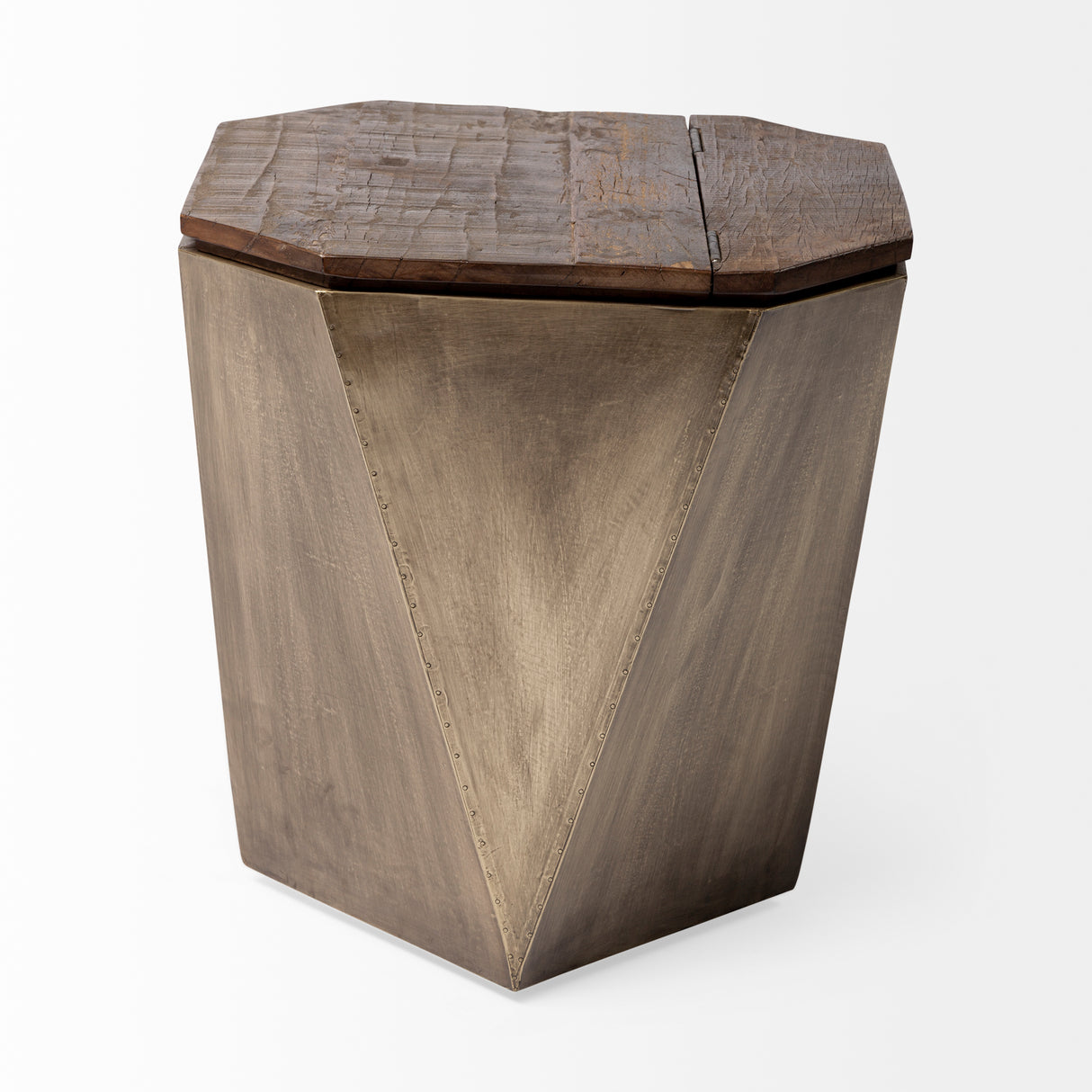 Esagono Octagonal Gold Metal-Clad Reclaimed Wood End/Side Table w/ Storage from Mercana - Luna Furniture