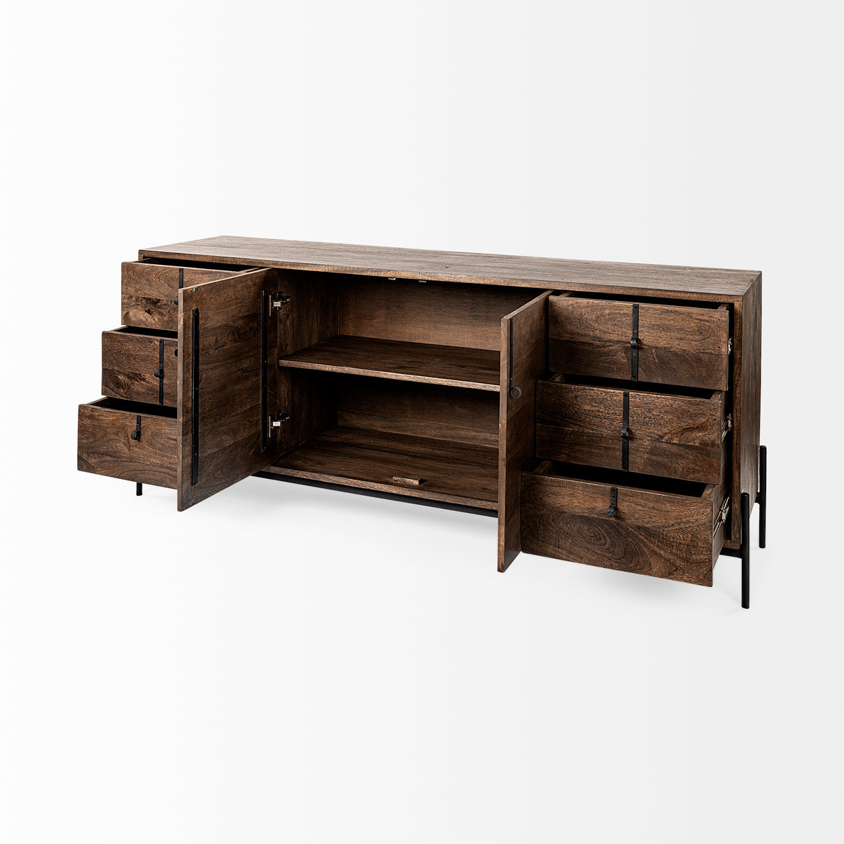 Glenn VI 71.5x18 Dark Brown Wood Frame w/ Black Iron Accent, 6 Drawer, 2 Door Cabinet Sideboard from Mercana - Luna Furniture