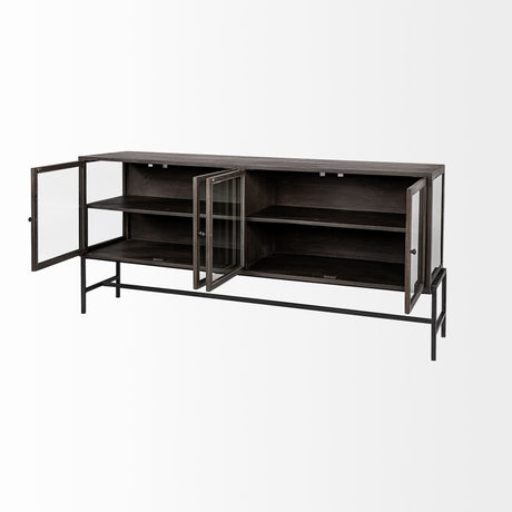 Arelius 70L x 18.75W x 32H Black-Brown Wood, Black Metal Base w/ 4 Glass Cabinet Doors Sideboard from Mercana - Luna Furniture