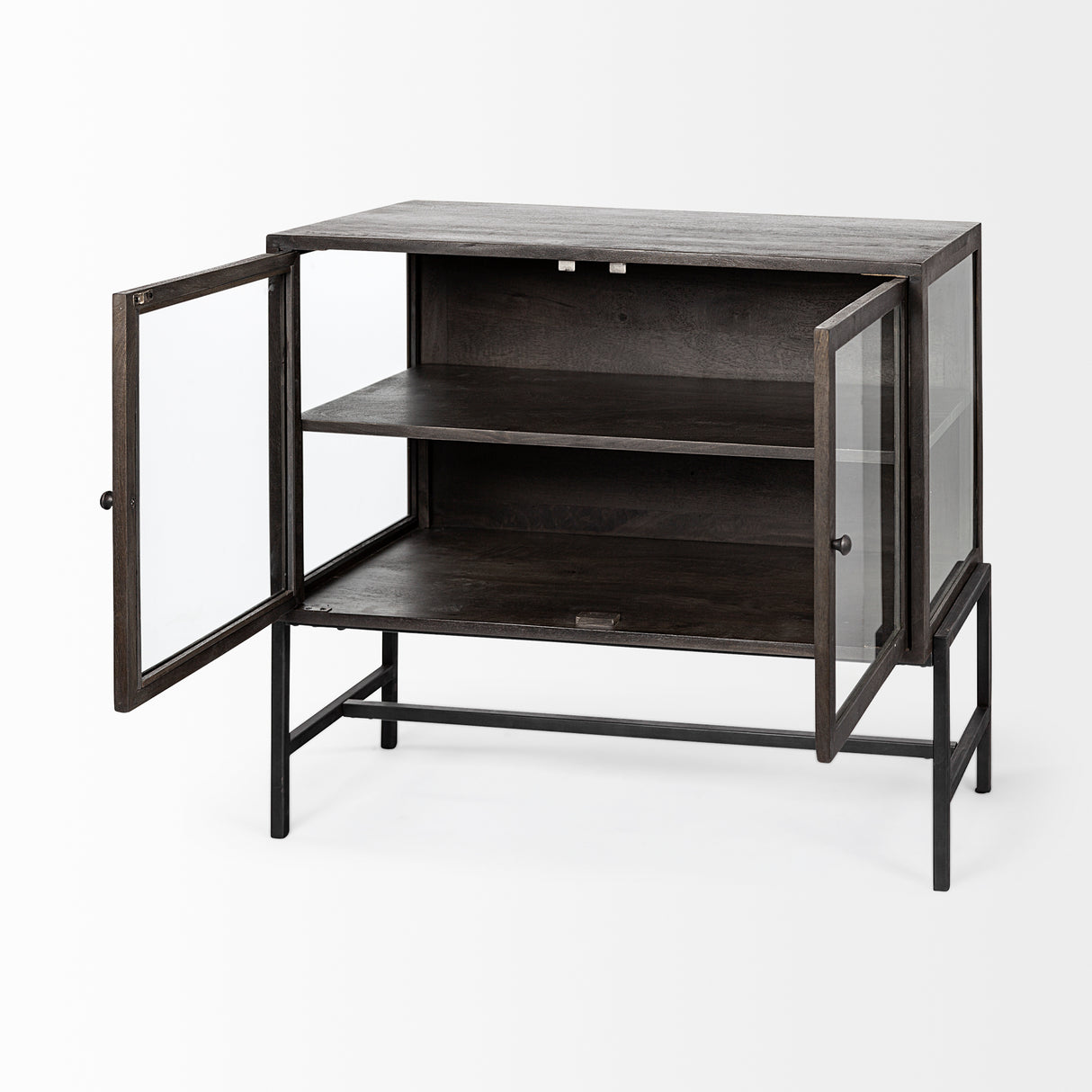 Arelius 36L x 18W Black-Brown Wood, Black Metal Base w/ 2 Glass Doors Accent Cabinet from Mercana - Luna Furniture
