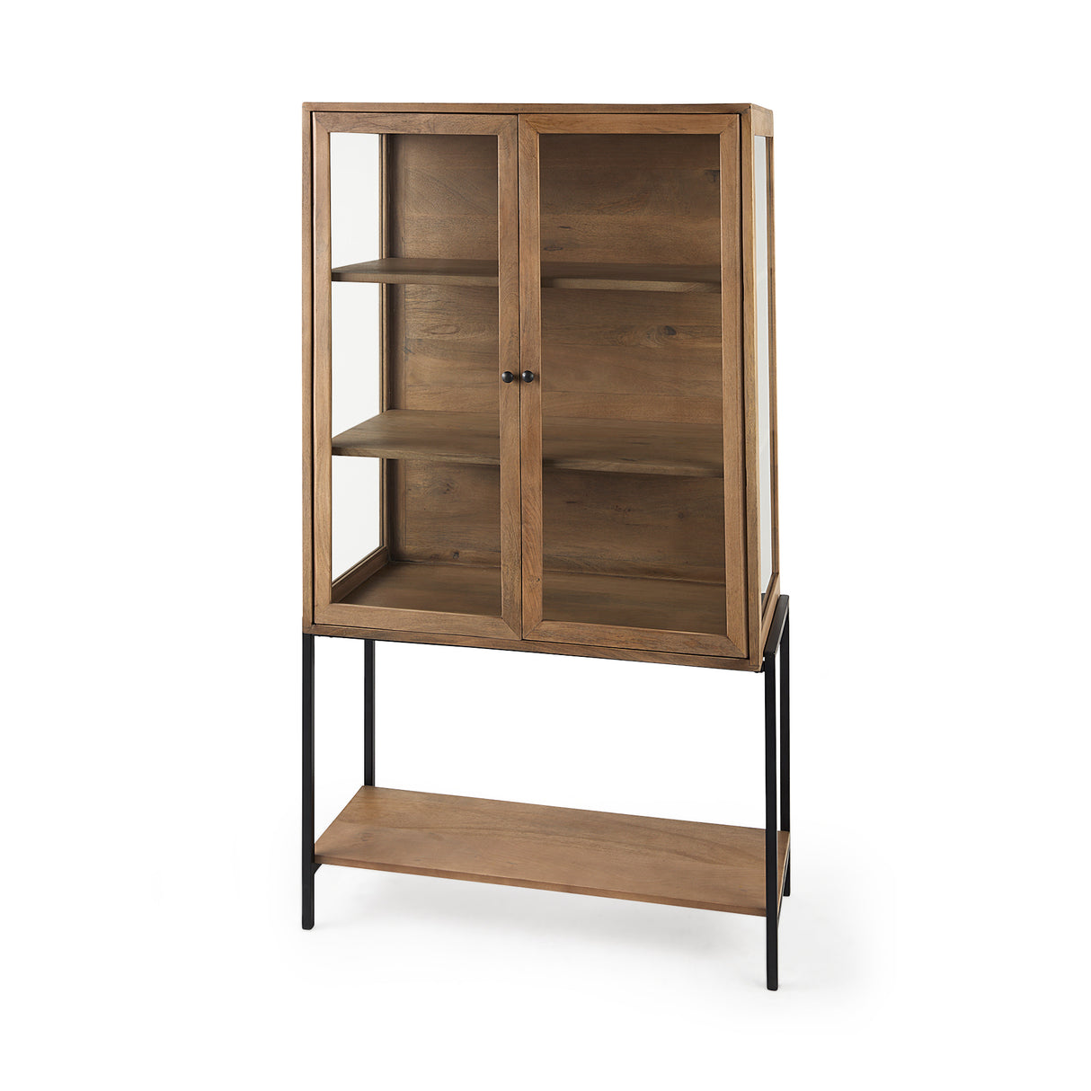 Arelius 36L x 18.75W x 63H Light Brown Wood W/ Black Metal Base Display Cabinet from Mercana - Luna Furniture