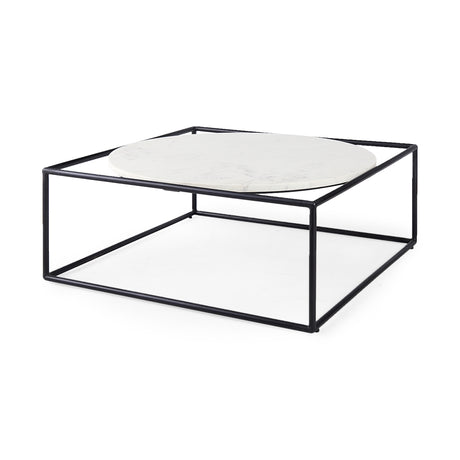 Austen 36L x 36W x 14.5H Round White Marble Top W/ Black Metal Frame Coffee Table from Mercana - Luna Furniture