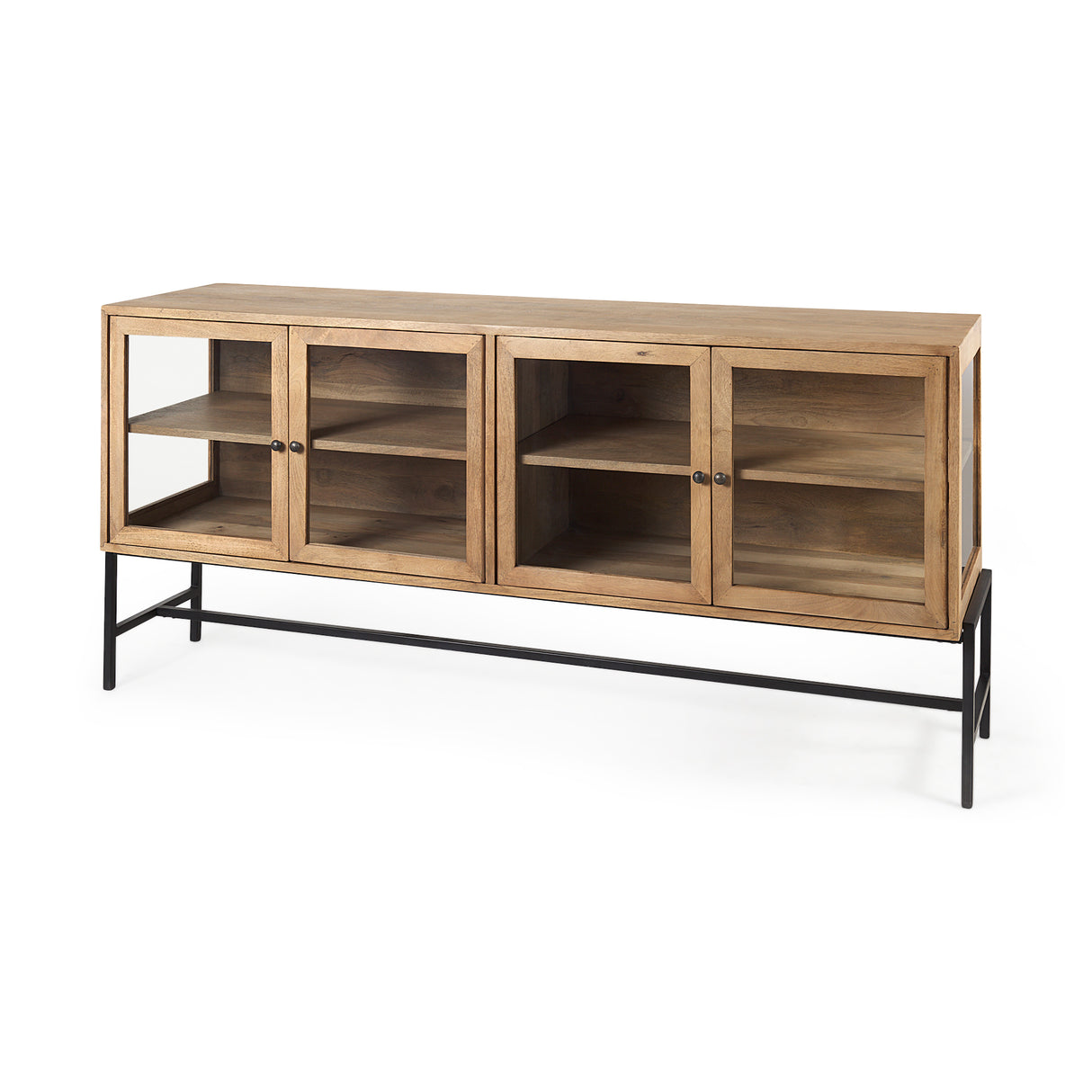 Arelius 70L x 18.75W x 32H Light Brown Wood, Black Metal Base w/ 4 Glass Cabinet Doors Sideboard from Mercana - Luna Furniture