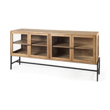 Arelius 70L x 18.75W x 32H Light Brown Wood, Black Metal Base w/ 4 Glass Cabinet Doors Sideboard from Mercana - Luna Furniture