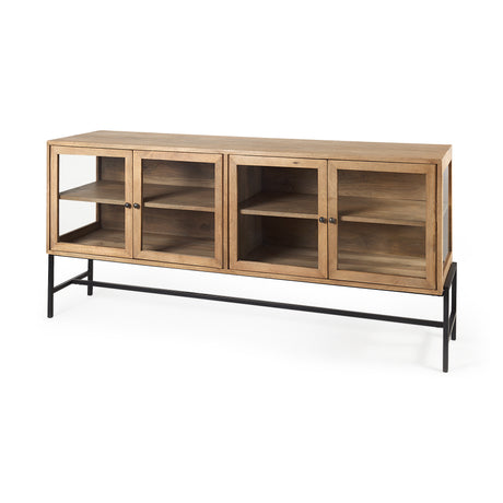 Arelius 70L x 18.75W x 32H Light Brown Wood, Black Metal Base w/ 4 Glass Cabinet Doors Sideboard from Mercana - Luna Furniture