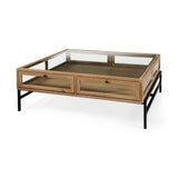 Arelius 42" Square Glass-Top Light Brown w/ Black Metal Base Display Coffee Table from Mercana - Luna Furniture