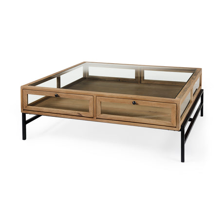 Arelius 42" Square Glass-Top Light Brown w/ Black Metal Base Display Coffee Table from Mercana - Luna Furniture