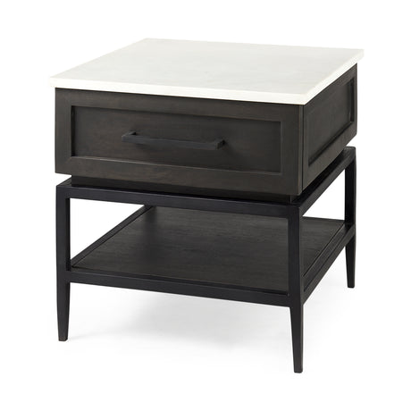 Divina Black-Brown Wood w/ White Marble Top and Black Metal Base 1 Drawer Side Table from Mercana - Luna Furniture