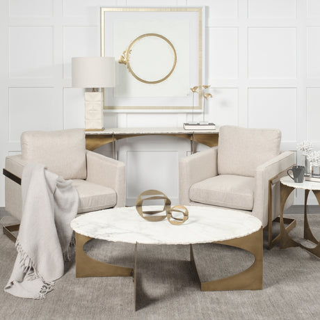 Reinhold IV 59L x 16W White Marble Top Gold Metal Base Console Table from Mercana - Luna Furniture