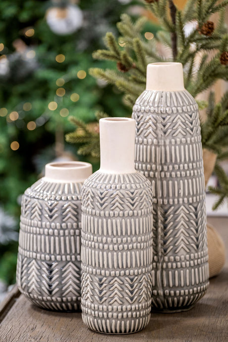 Riker III Large Dark Gray Cream Ceramic Vase from Mercana - Luna Furniture