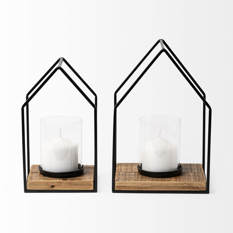 Leopold Set of Two Black Metal Wooden Base Table Candle Holders from Mercana - Luna Furniture