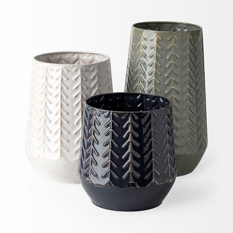 Gemma I Metal Glossy Dark Blue Chevron Vase from Mercana - Luna Furniture