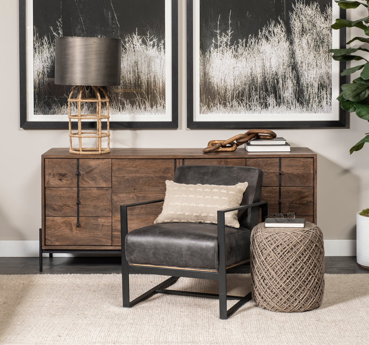 Stamford Black Genuine Leather Seat w/ Wood Back, Metal Frame Accent Chair from Mercana - Luna Furniture