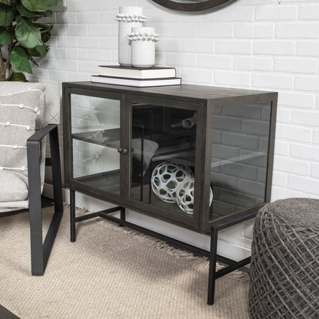 Arelius 36L x 18W Black-Brown Wood, Black Metal Base w/ 2 Glass Doors Accent Cabinet from Mercana - Luna Furniture