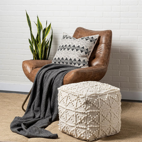 Leroy Square Cream Wool Pouf w/ Popcorn Detail from Mercana - Luna Furniture