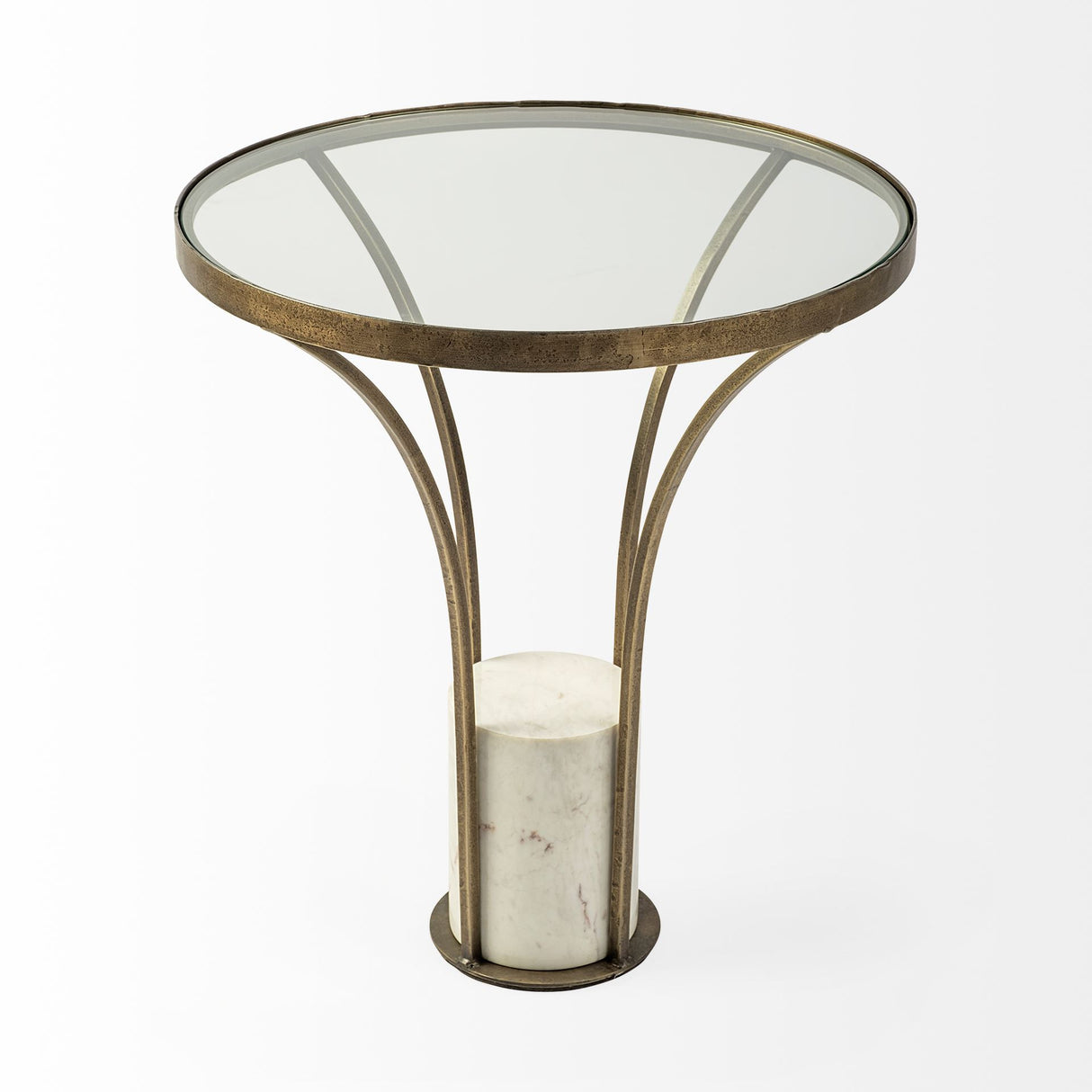 Jacinta II 21" Round Glass Top Metal and Marble Pedestal End/Side Table from Mercana - Luna Furniture