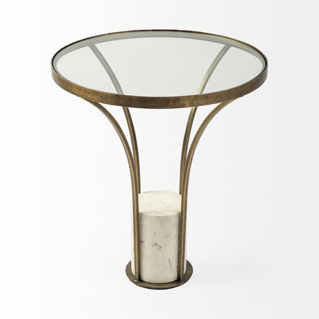 Jacinta II 21" Round Glass Top Metal and Marble Pedestal End/Side Table from Mercana - Luna Furniture