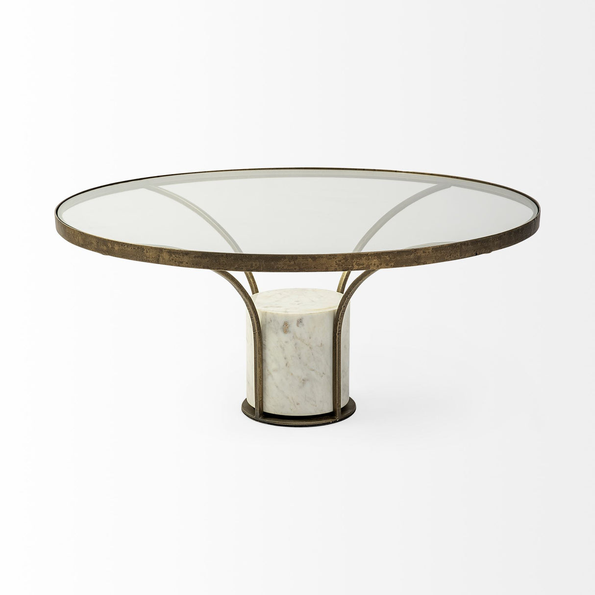 Jacinta 36" Round Glass Top Metal and Marble Pedestal Coffee Table from Mercana - Luna Furniture