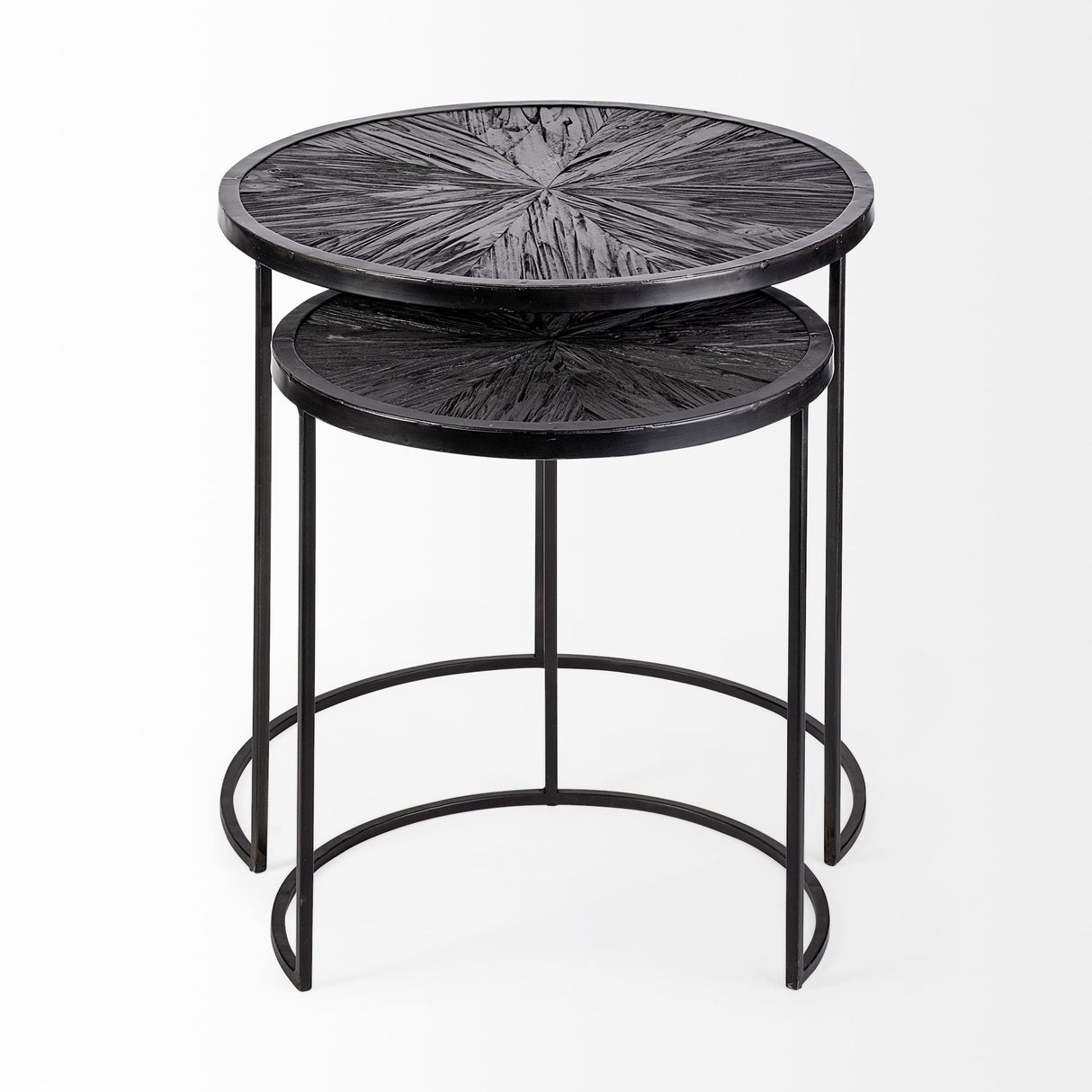 Chakra 19.7" Set of Two Round Dark Wood Top Black Frame Accent Tables from Mercana - Luna Furniture