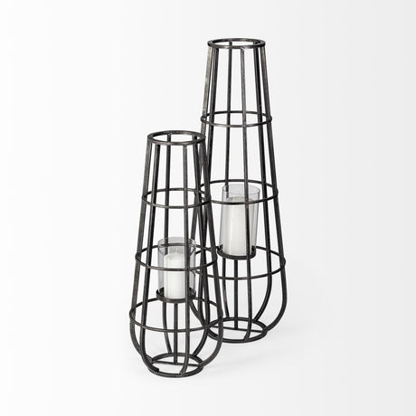 Bella Small Black Metal Cylindrical Cage Candle Holder Lantern from Mercana - Luna Furniture