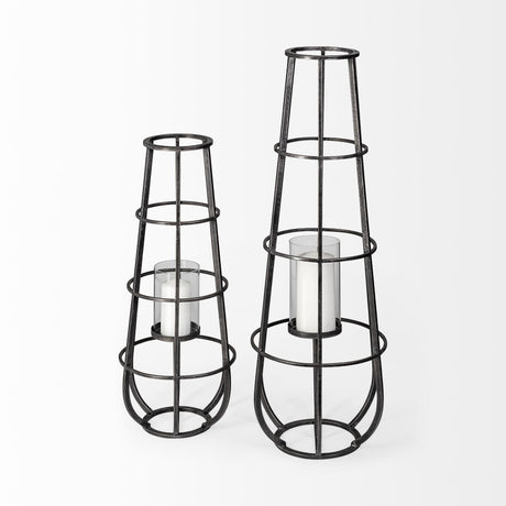 Bella Small Black Metal Cylindrical Cage Candle Holder Lantern from Mercana - Luna Furniture