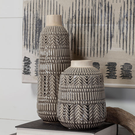 Riker III Large Dark Gray Cream Ceramic Vase from Mercana - Luna Furniture