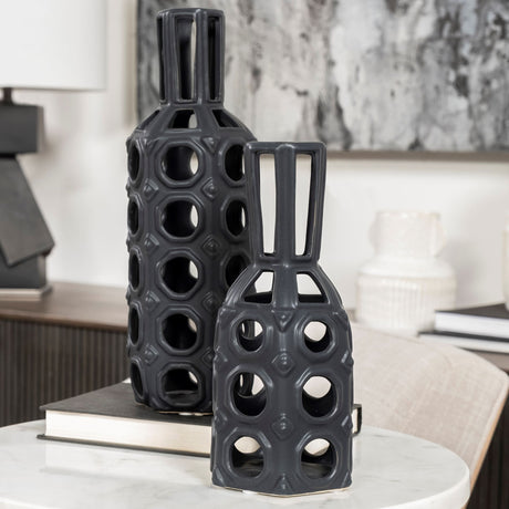 Brunel Large Black Drum-Shaped Ceramic Vase from Mercana - Luna Furniture