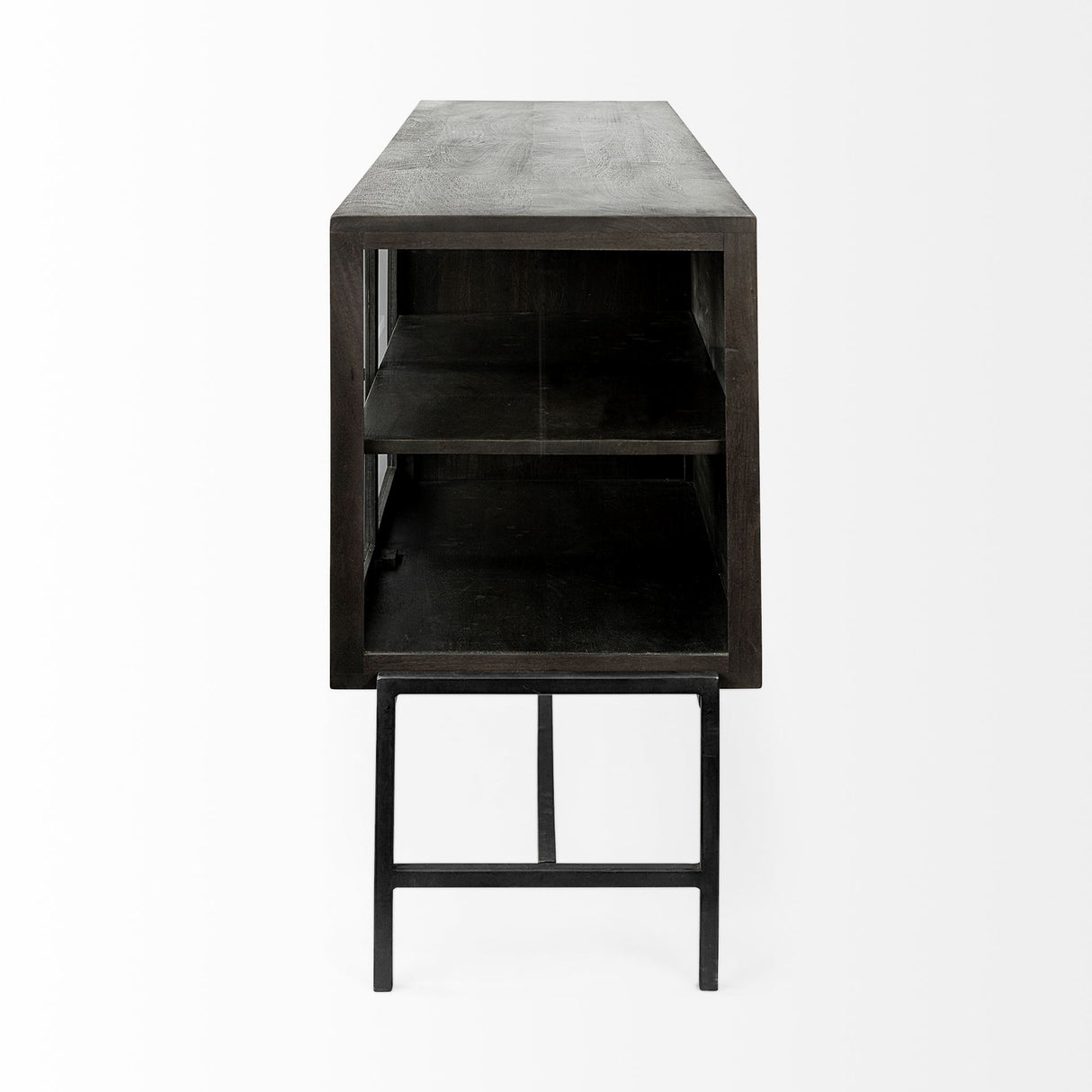 Arelius 70L x 18.75W x 32H Black-Brown Wood, Black Metal Base w/ 4 Glass Cabinet Doors Sideboard from Mercana - Luna Furniture