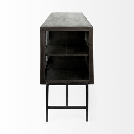 Arelius 70L x 18.75W x 32H Black-Brown Wood, Black Metal Base w/ 4 Glass Cabinet Doors Sideboard from Mercana - Luna Furniture