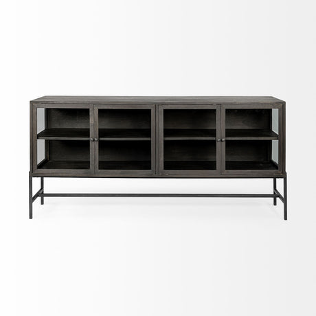 Arelius 70L x 18.75W x 32H Black-Brown Wood, Black Metal Base w/ 4 Glass Cabinet Doors Sideboard from Mercana - Luna Furniture