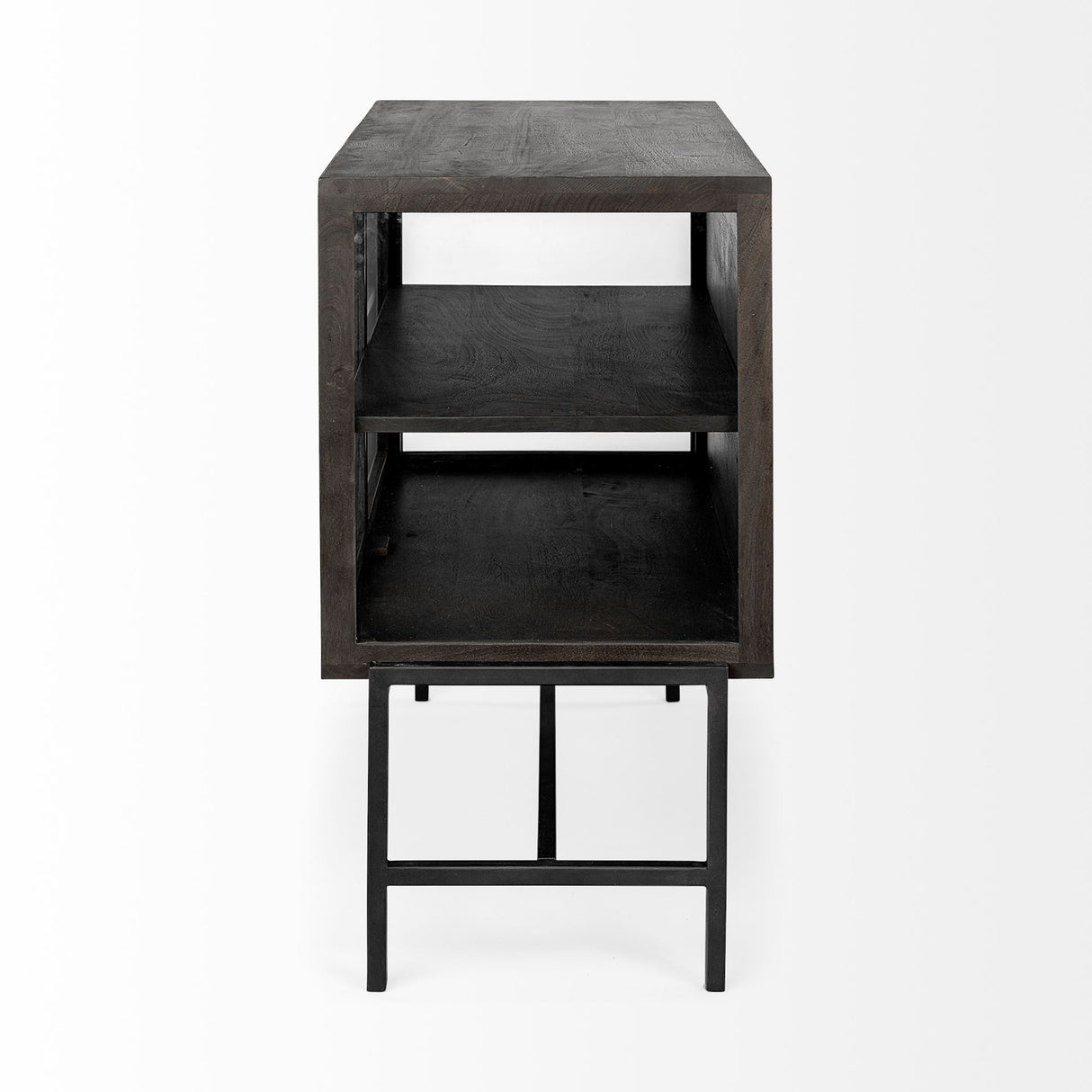 Arelius 36L x 18W Black-Brown Wood, Black Metal Base w/ 2 Glass Doors Accent Cabinet from Mercana - Luna Furniture