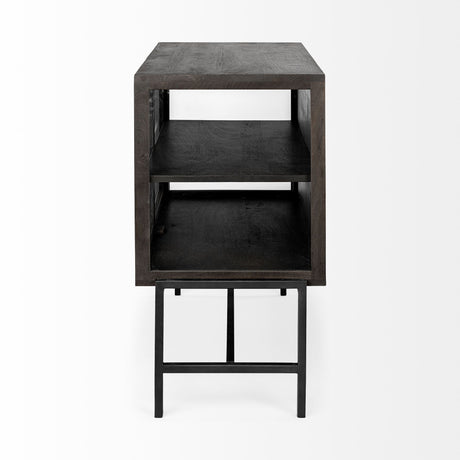 Arelius 36L x 18W Black-Brown Wood, Black Metal Base w/ 2 Glass Doors Accent Cabinet from Mercana - Luna Furniture