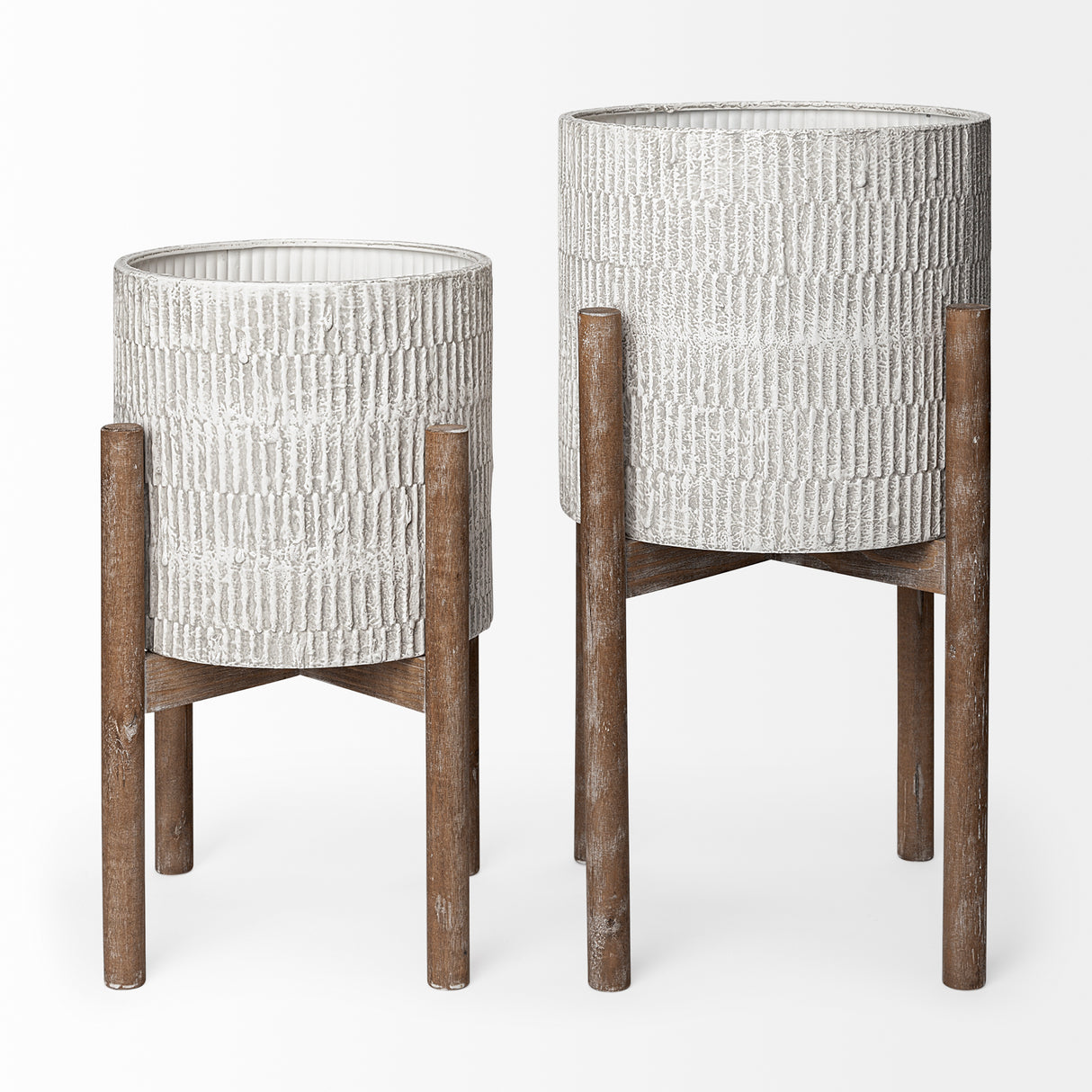 Groot Set of Two 11.8 x 23 Eggshell Ceramic Wooden Base Plant Stands from Mercana - Luna Furniture